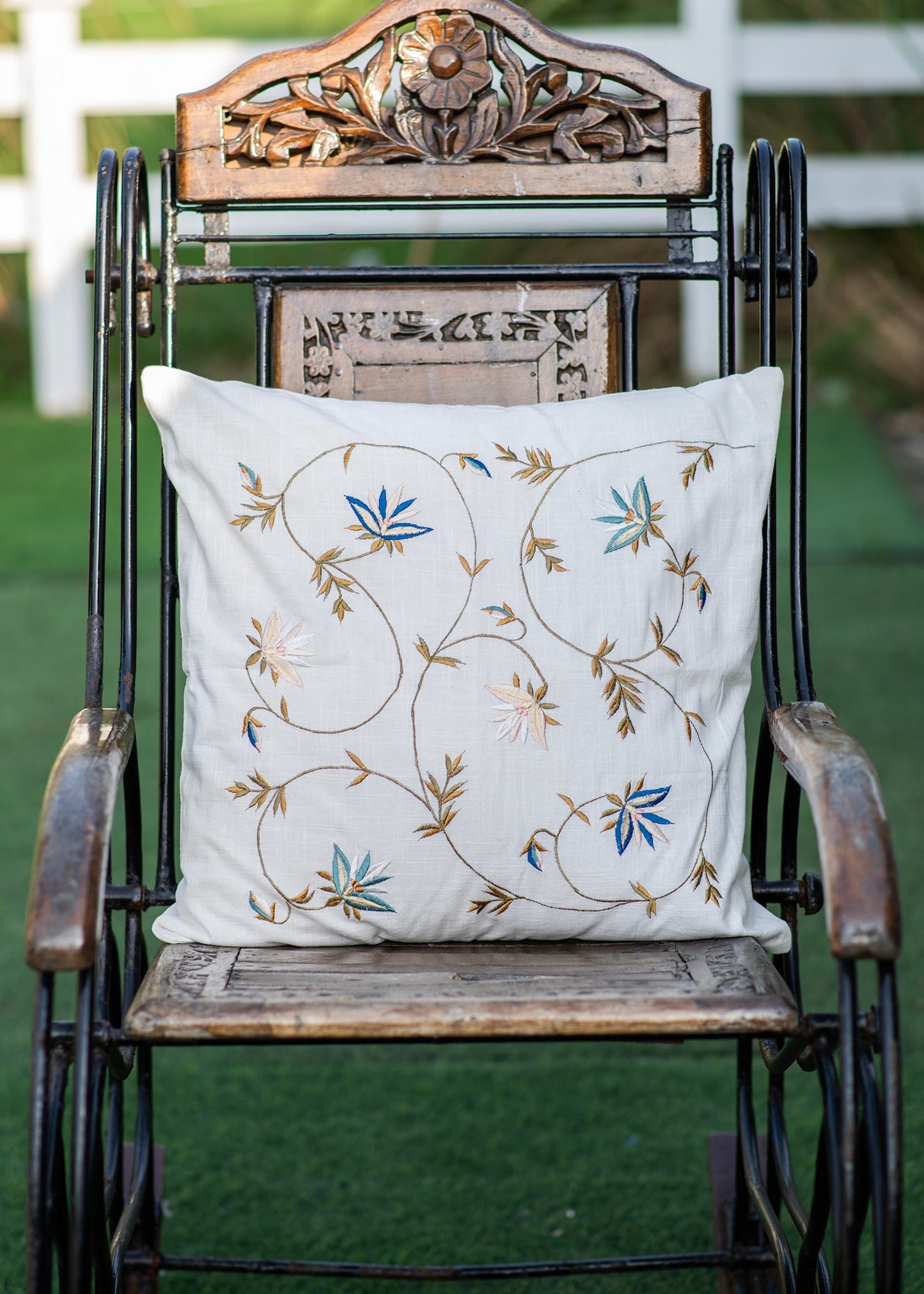 Embroidered Cushion Cover : Floral Natural Textured