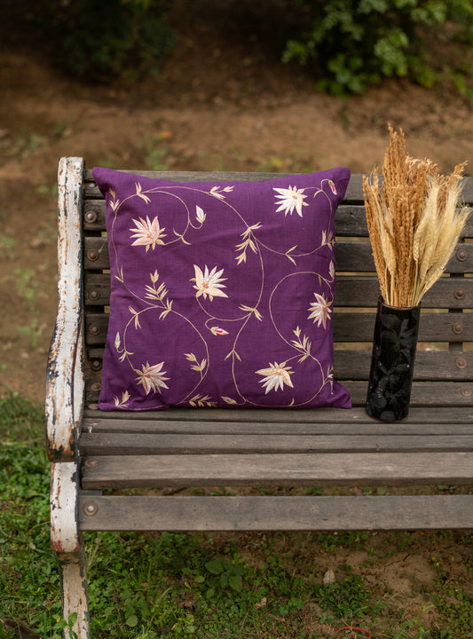 Embroidered Cushion Cover : Floral Purple Textured