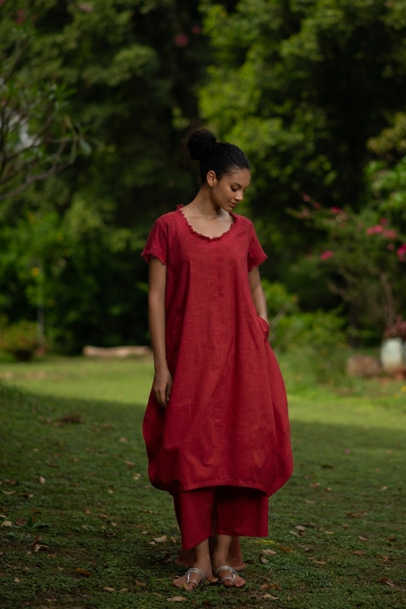 Balloon Dress : Solid Coral Slub