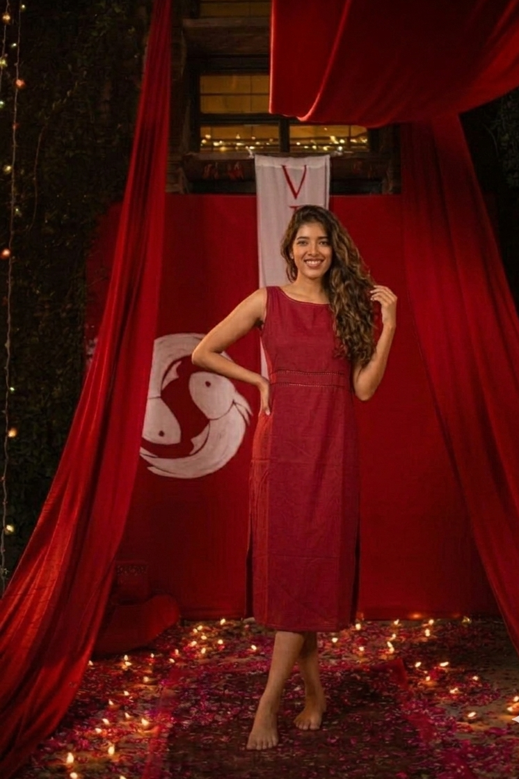Over Dress Inner : Solid Vermillion Red Cotton Satin