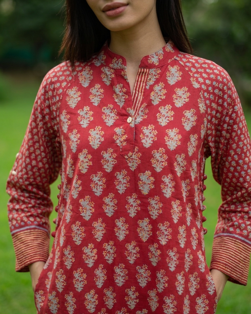 Au Dai Kurta : Block Print Geru Slub