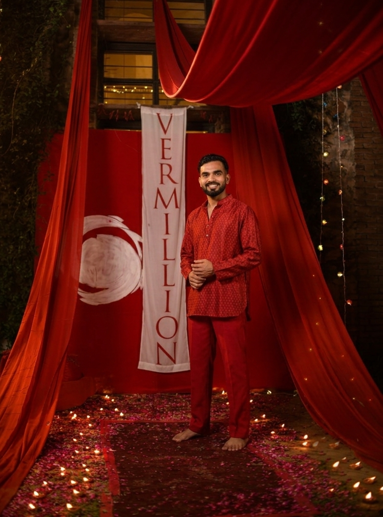 U Shaped Short Tunic Kumkum : Vermillion Red Chanderi