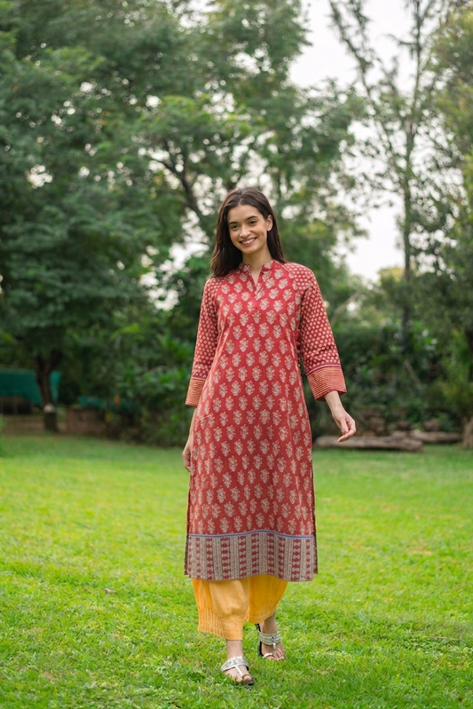Au Dai Kurta : Block Print Geru Slub