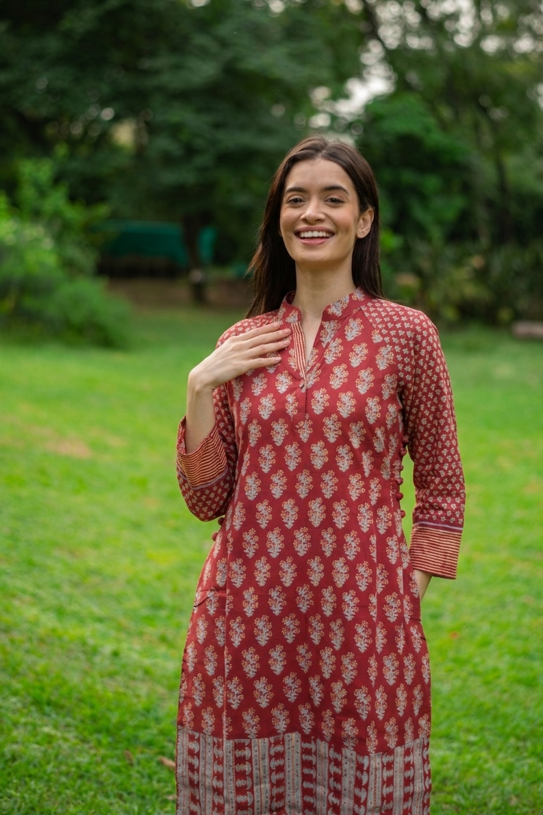 Au Dai Kurta : Block Print Geru Slub
