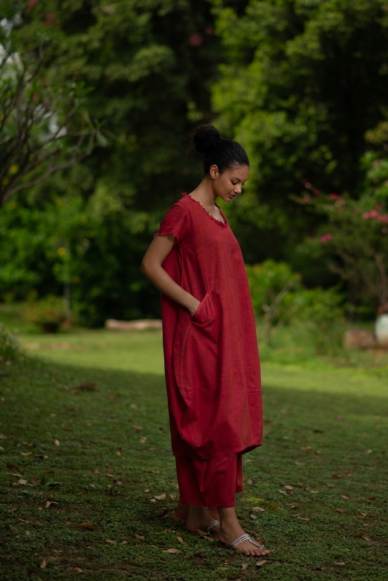 Balloon Dress : Solid Coral Slub