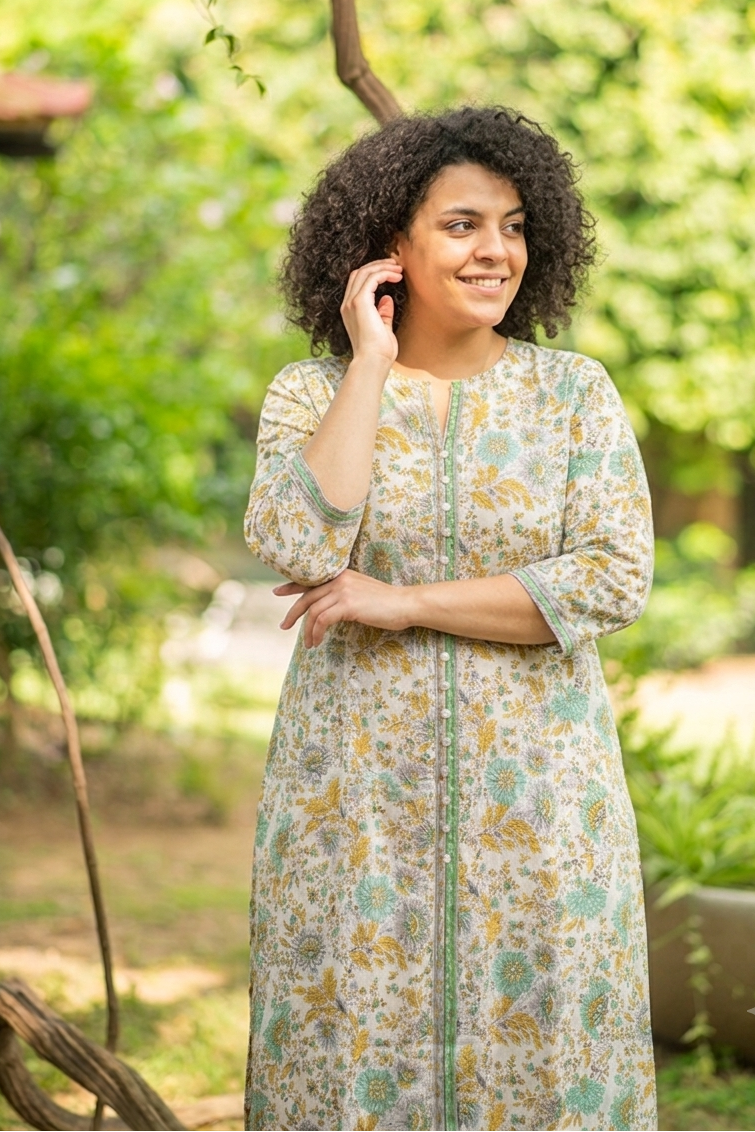 Button Kurta : Phuljhadi Green Voile