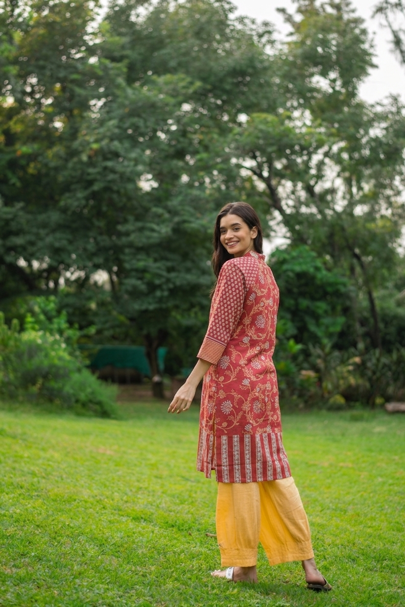 Au Dai Kurta : Block Print Geru Slub