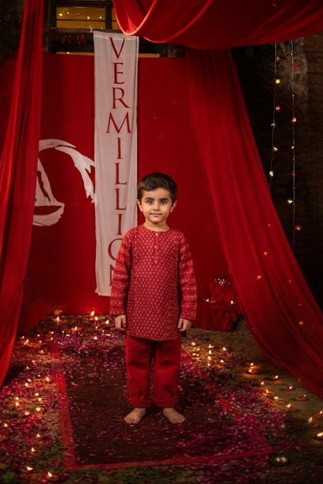 Kids U Shaped Short Tunic : Vermillion Red Chanderi