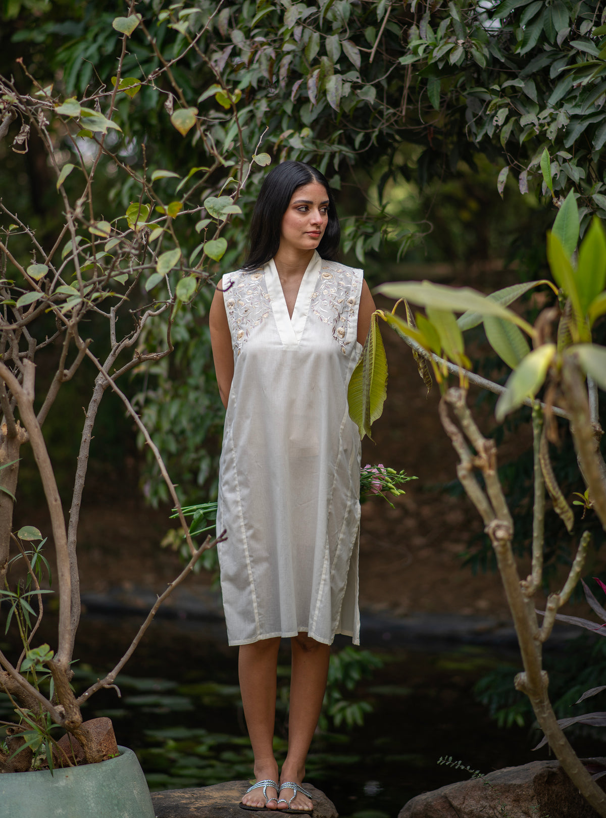 Kanan Dress : Emb Solid Cream Voile
