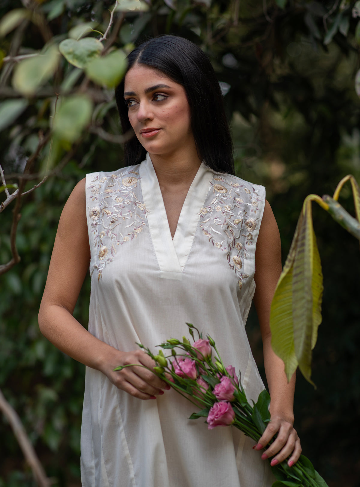 Kanan Dress : Emb Solid Cream Voile