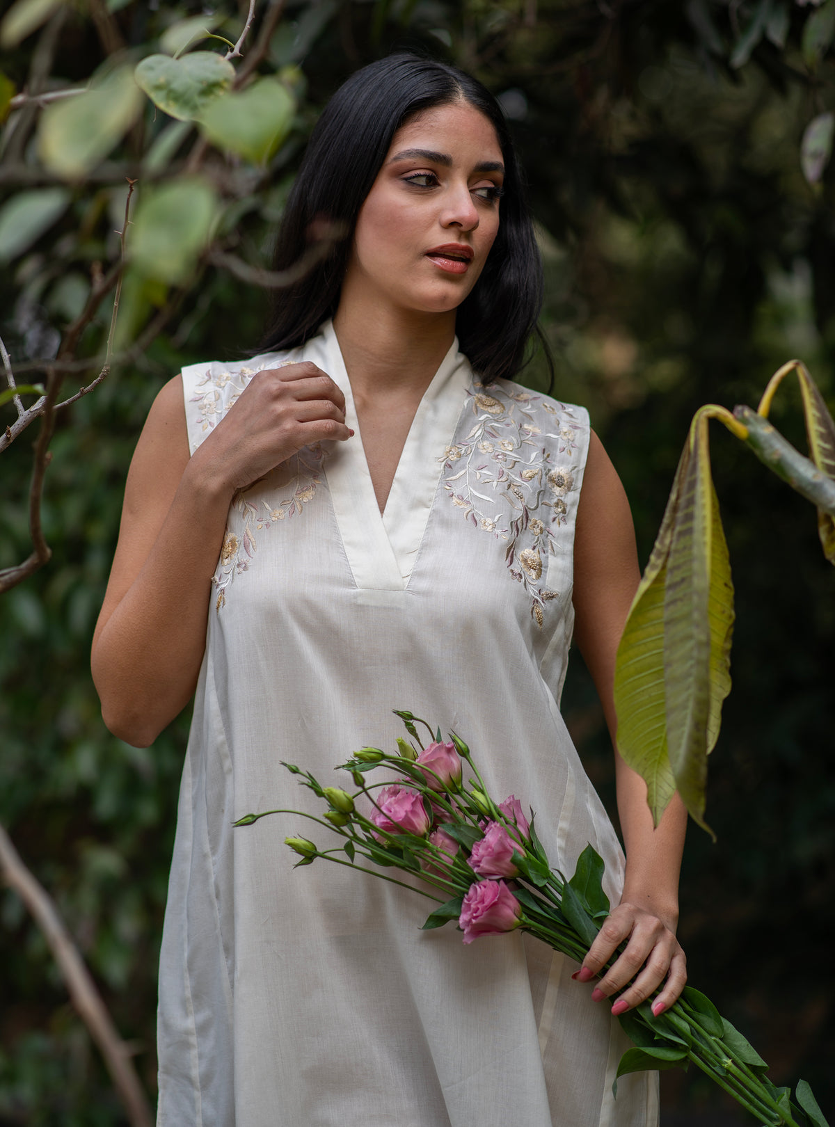Kanan Dress : Emb Solid Cream Voile