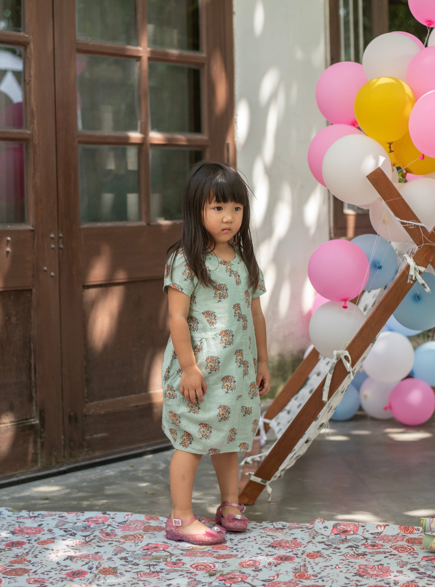 Kids Balloon Dress : Alyssa Blue Slub