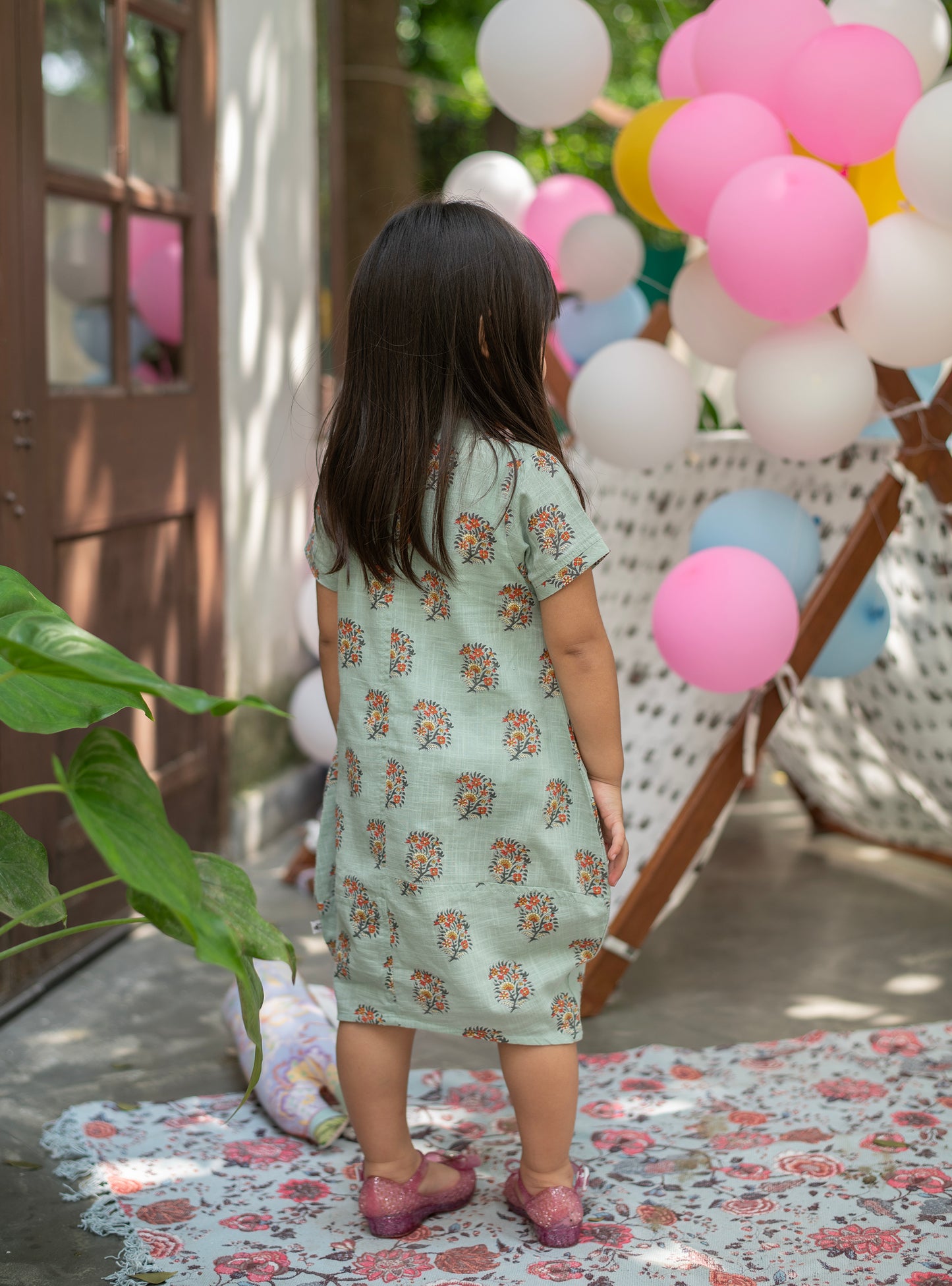 Kids Balloon Dress : Alyssa Blue Slub