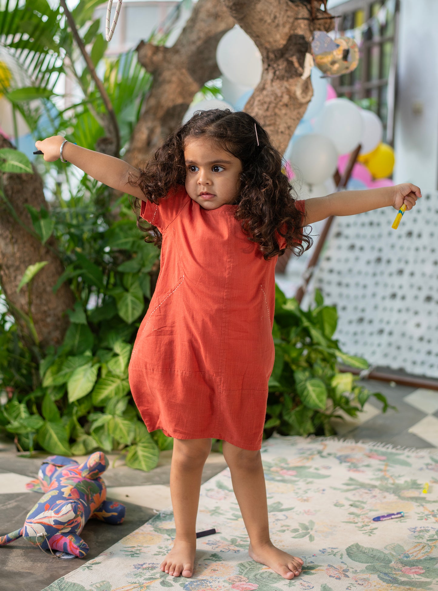 Kids Balloon Dress : Solid Rust Slub