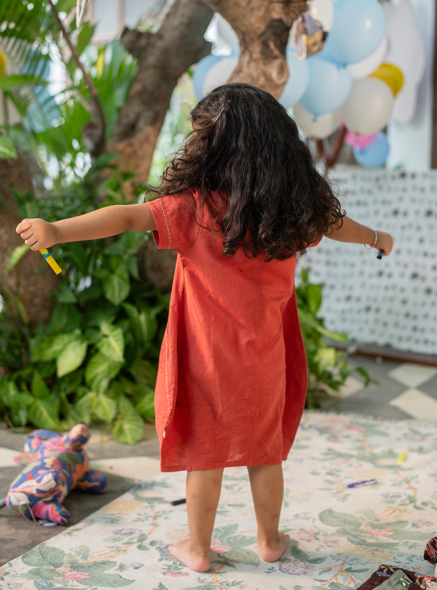 Kids Balloon Dress : Solid Rust Slub