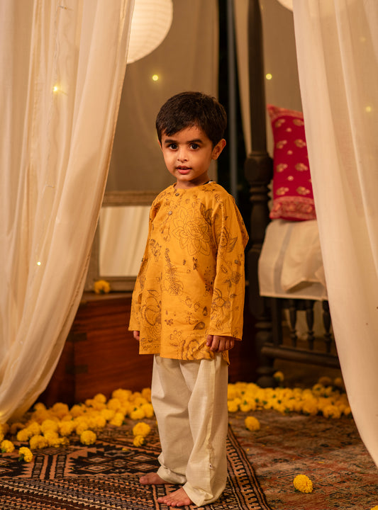 Kids Classic Kurta : Malabar Gold On Mustard Voile