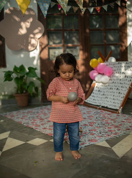 Kids Classic Kurta : Kamal Booti Blush Voile