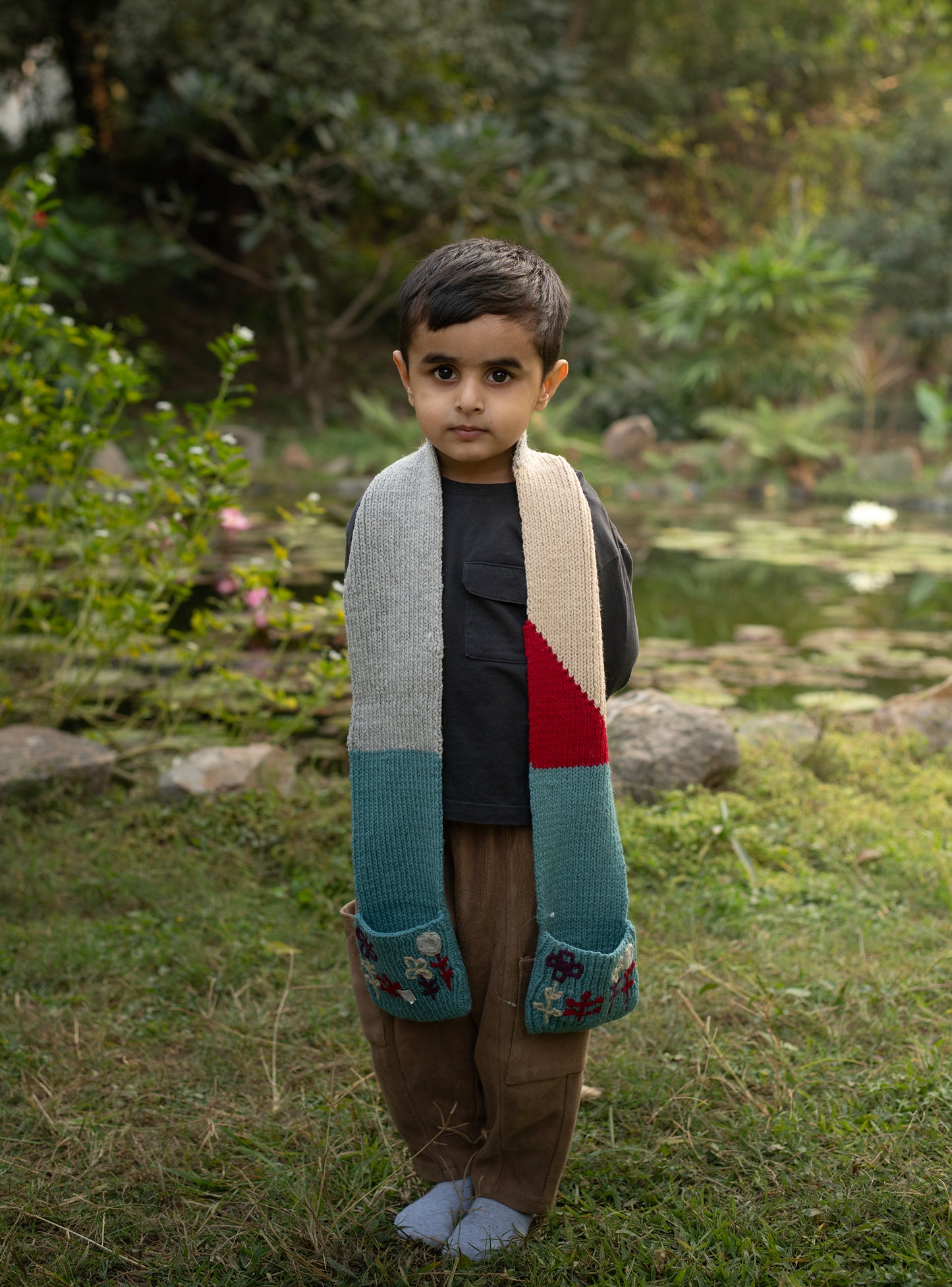 Kids Knitted : Muffler With Pocket Pure Wool Assorted