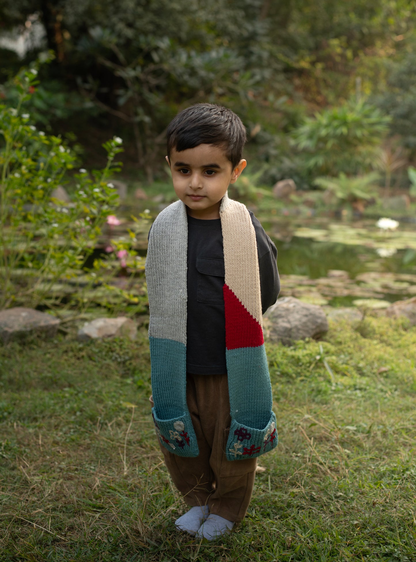 Kids Knitted : Muffler With Pocket Pure Wool Assorted