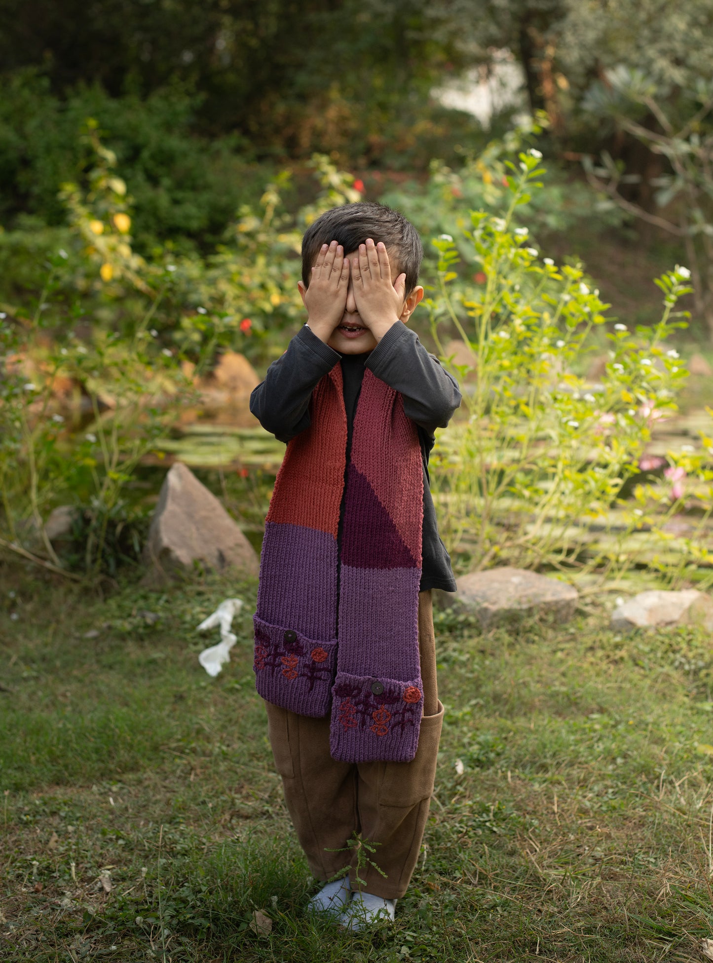 Kids Knitted : Muffler With Pocket Pure Wool Assorted