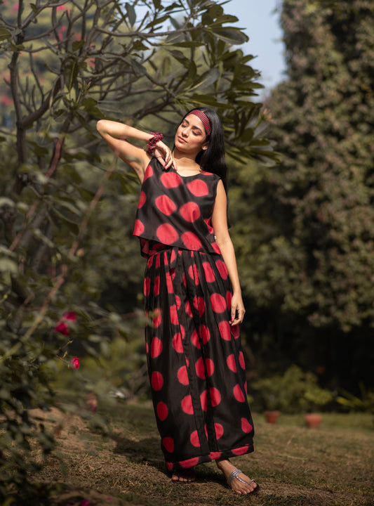 Wrap Pant : Tie & Dye Circle Red Chanderi