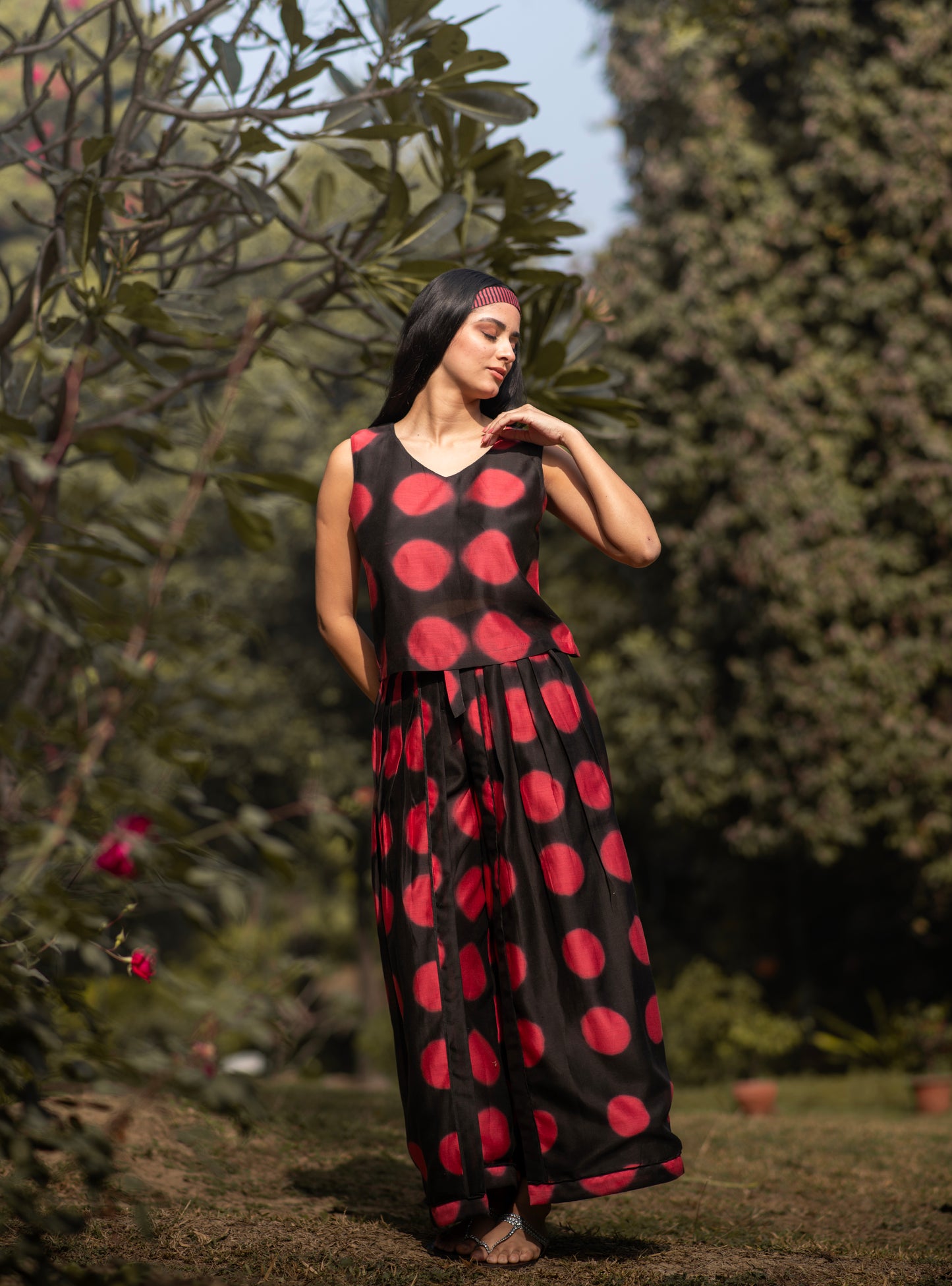Wrap Pant : Tie & Dye Circle Red Chanderi