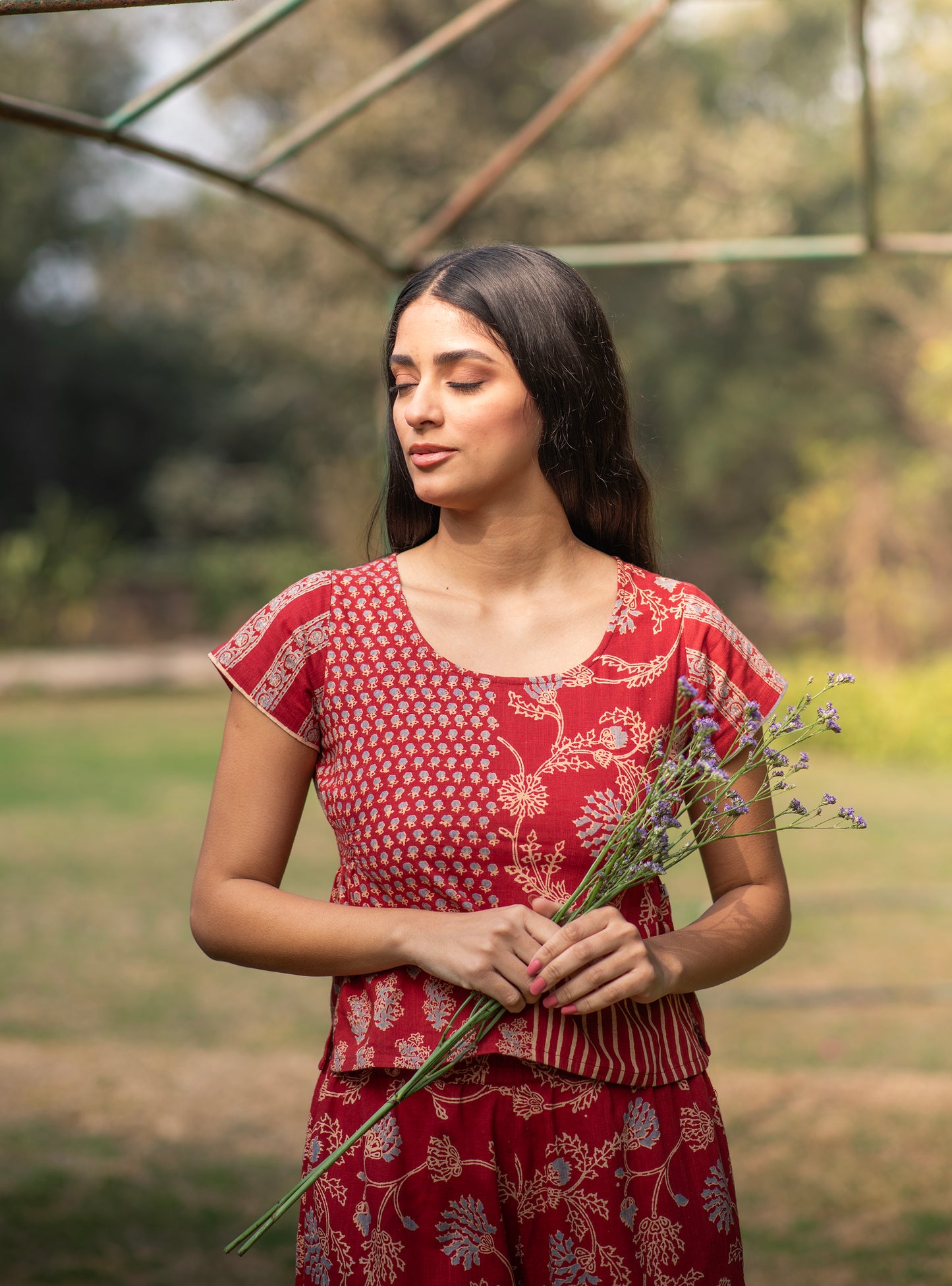 Meena Top HS : Block Print Geru Slub