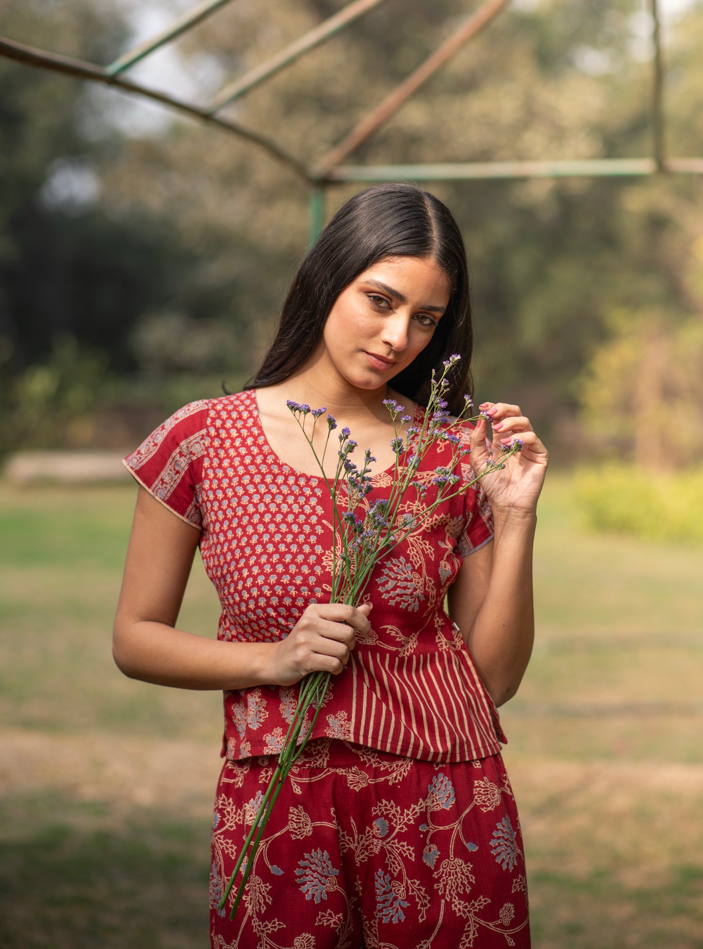 Meena Top HS : Block Print Geru Slub