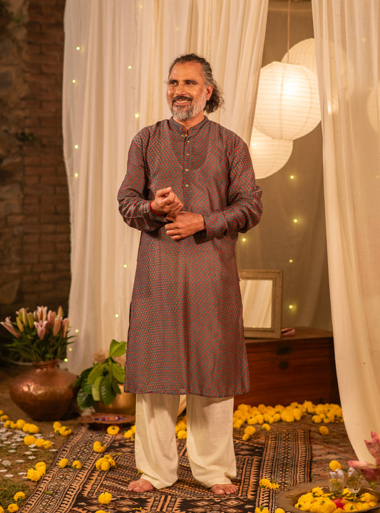 Mens Kurta Long : Alaknanda Emerald Chanderi