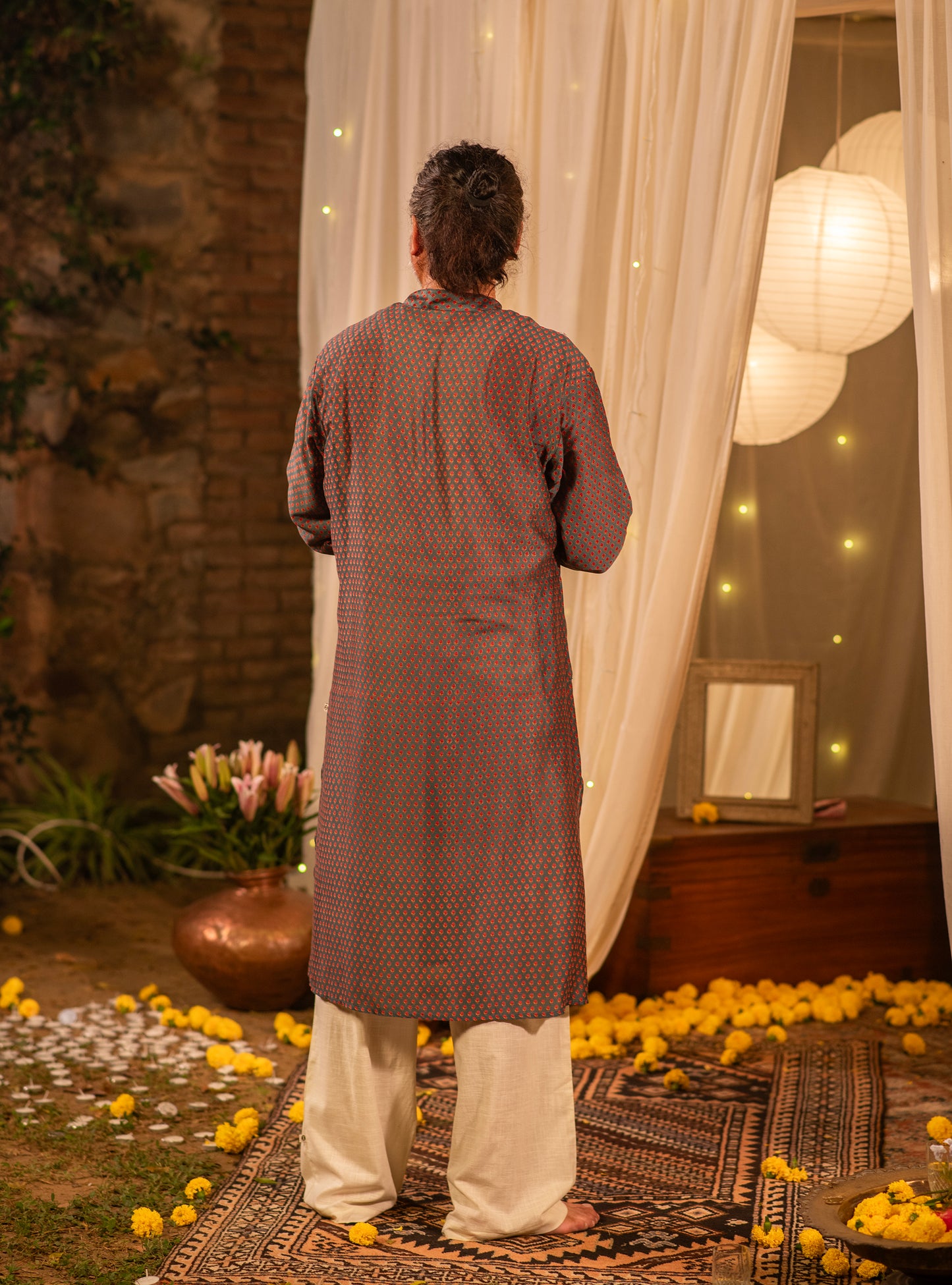 Mens Kurta Long : Alaknanda Emerald Chanderi