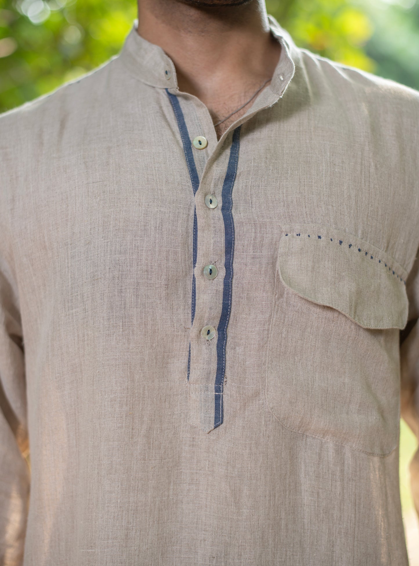 Mens Kurta Short : Selvedge Beige Linen