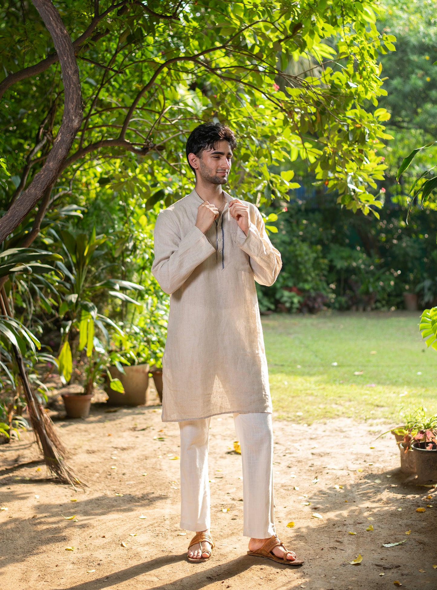 Mens Kurta Short : Selvedge Beige Linen