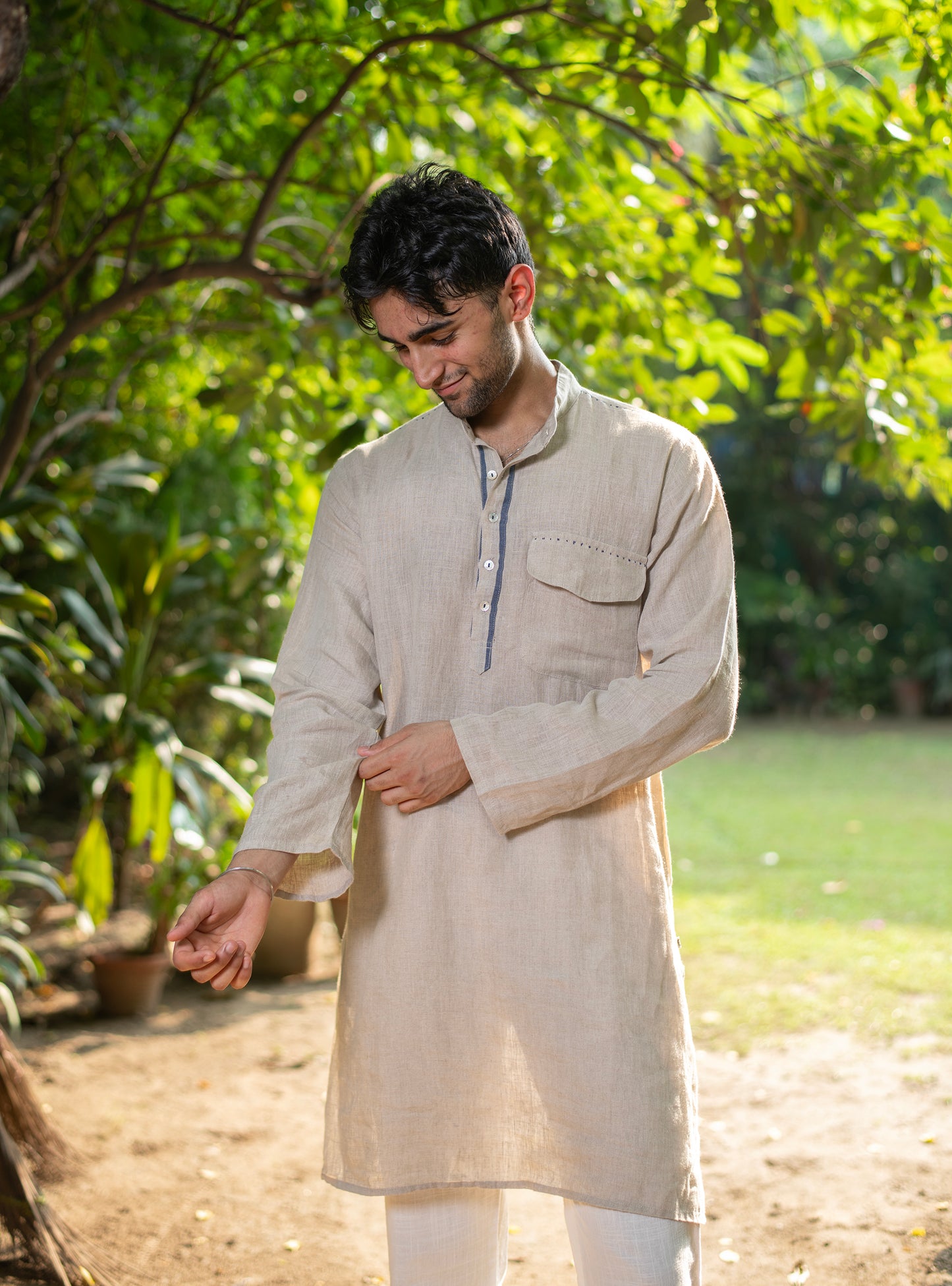 Mens Kurta Short : Selvedge Beige Linen
