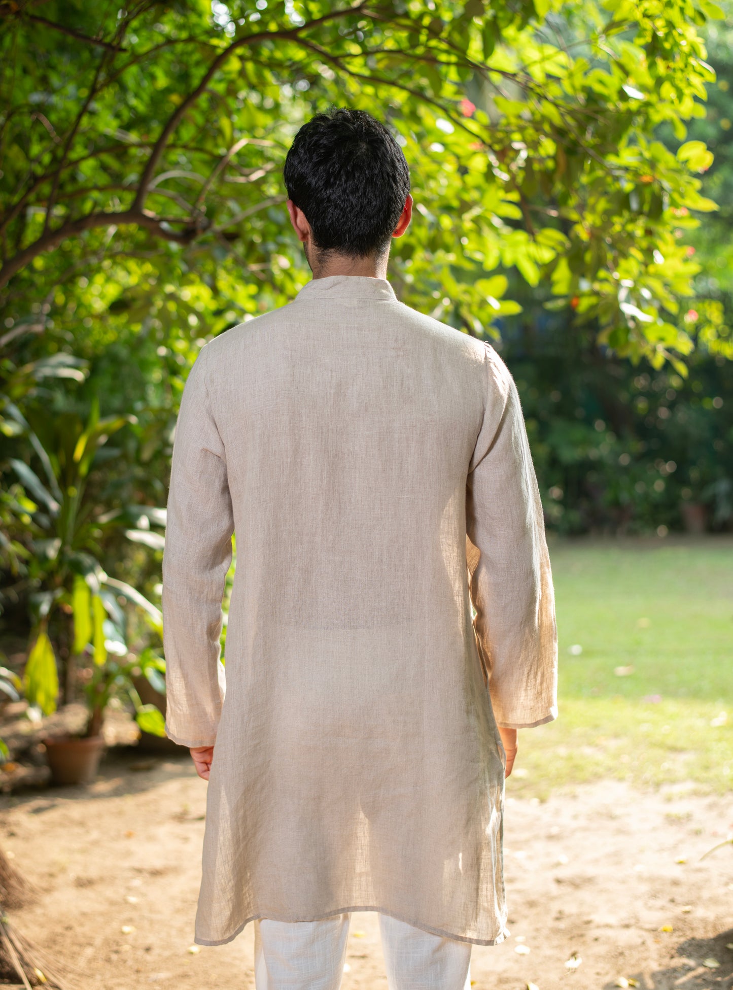 Mens Kurta Short : Selvedge Beige Linen