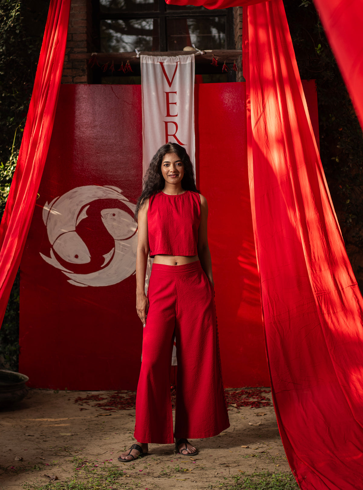 Murphy Pant : Solid Red Seersucker Cotton