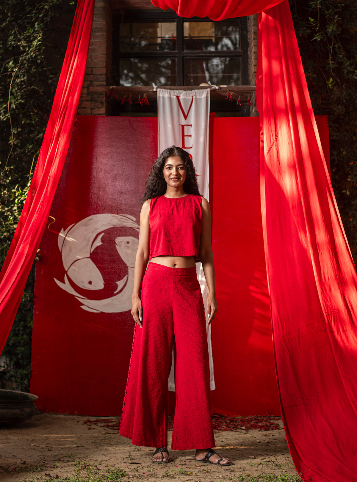 Murphy Pant : Solid Red Seersucker Cotton