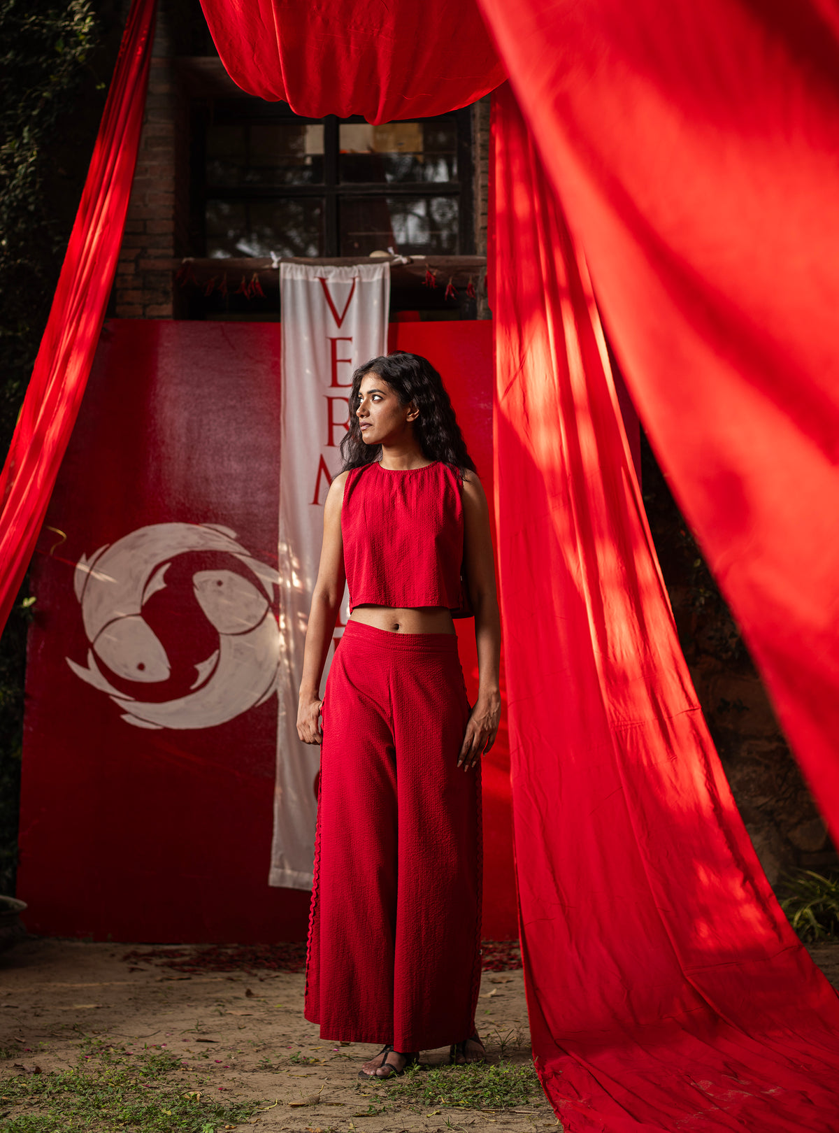 Murphy Pant : Solid Red Seersucker Cotton
