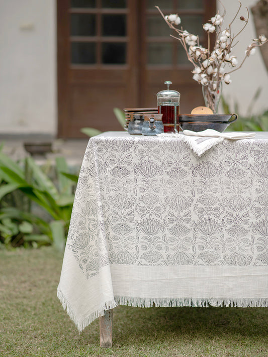 Block Printed Table Cloth : Fringes Mysore B&W Textured