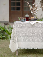 Block Printed Table Cloth : Fringes Mysore B&W Textured