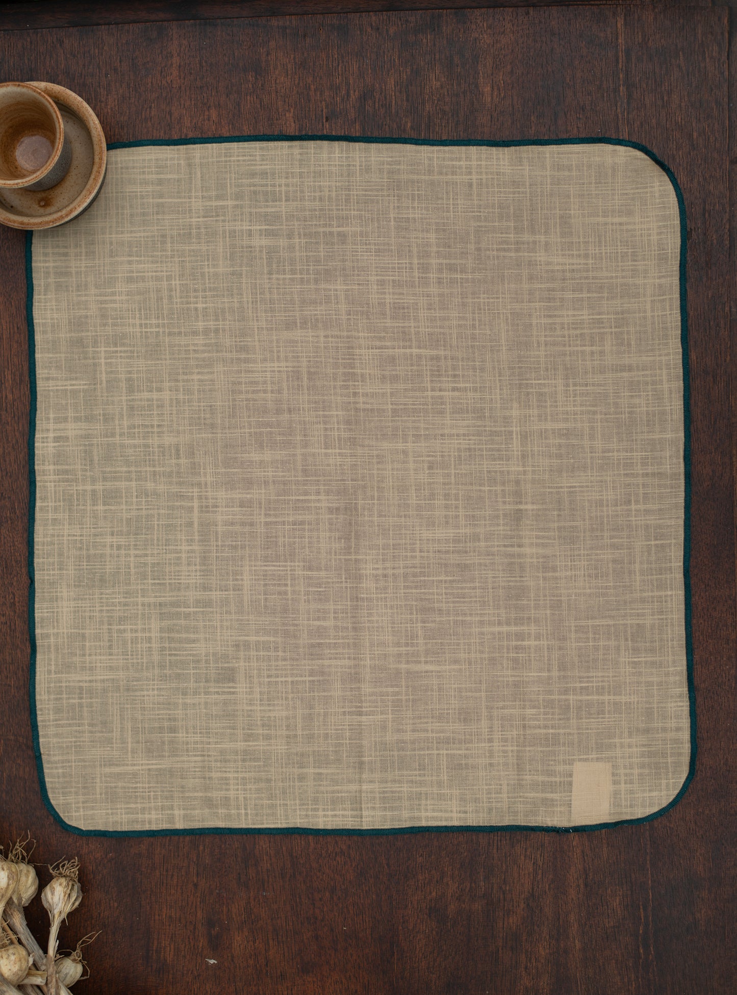 Napkin With Thread Overlock Set of 6 : Beige with Emerald Slub