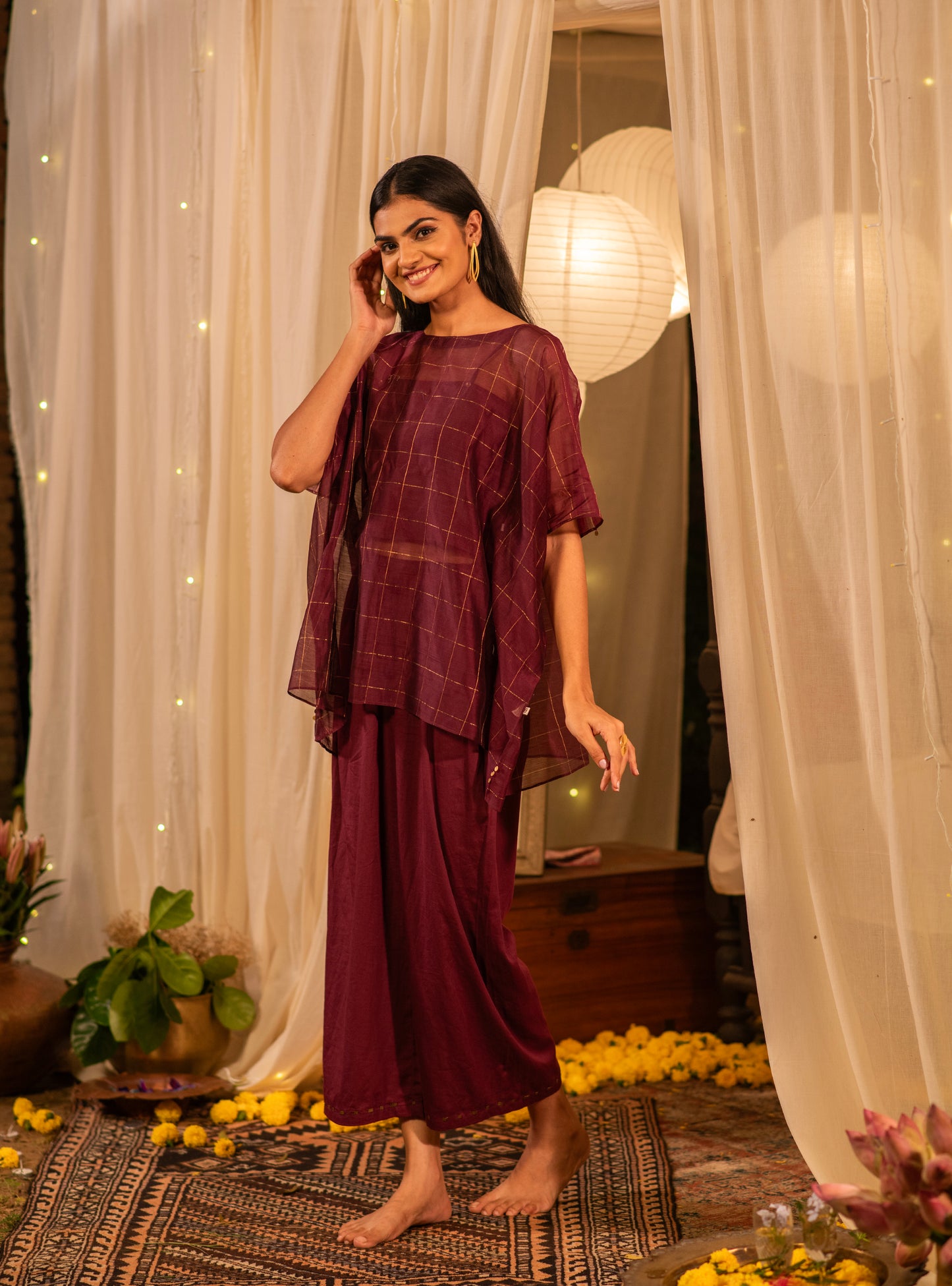 Palace Pant : Solid Burgundy Cotton Satin