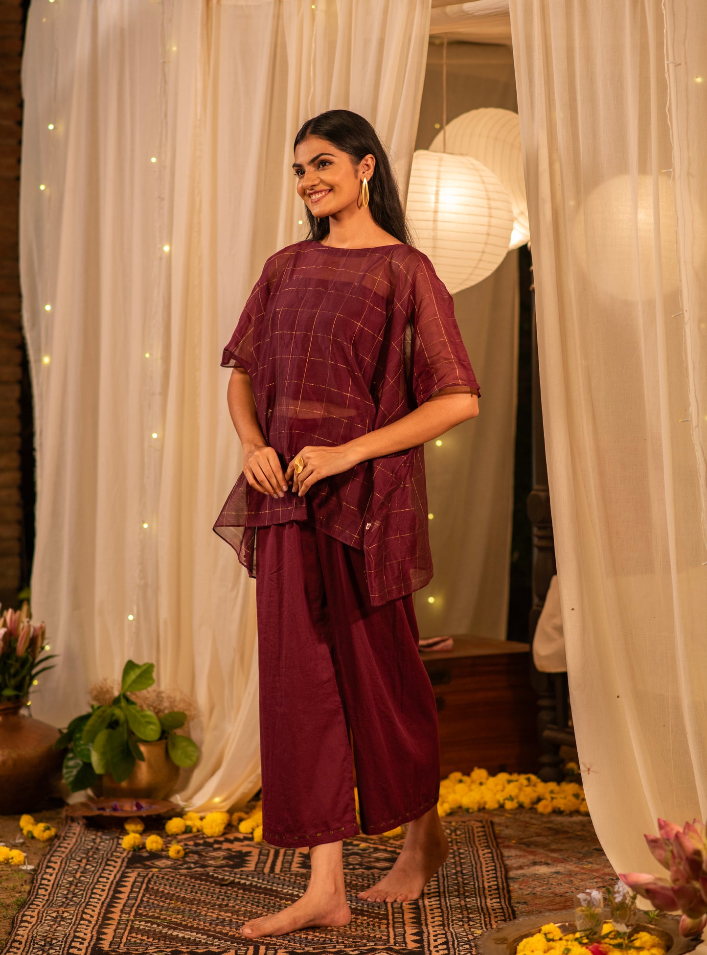 Palace Pant : Solid Burgundy Cotton Satin