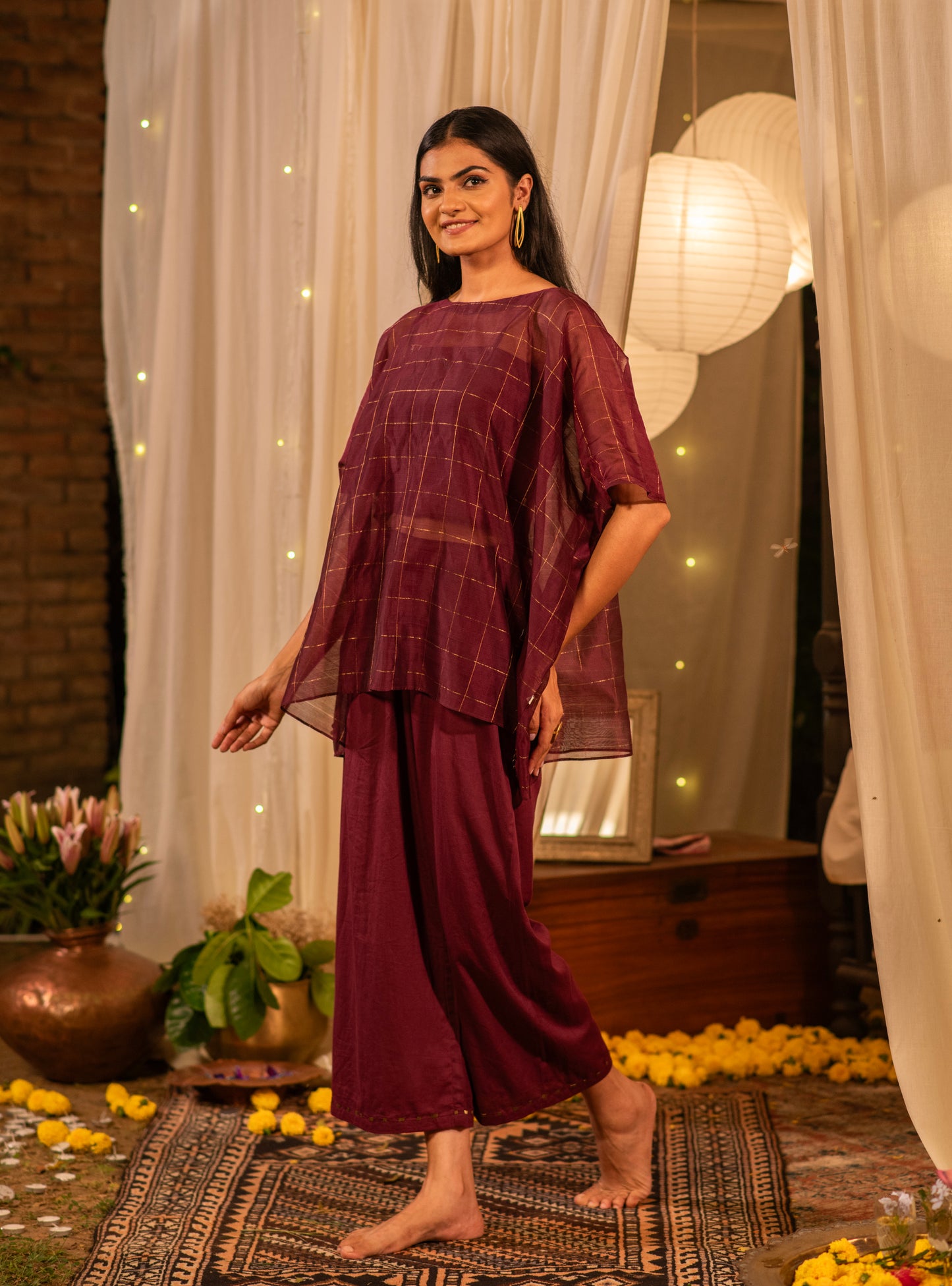 Palace Pant : Solid Burgundy Cotton Satin