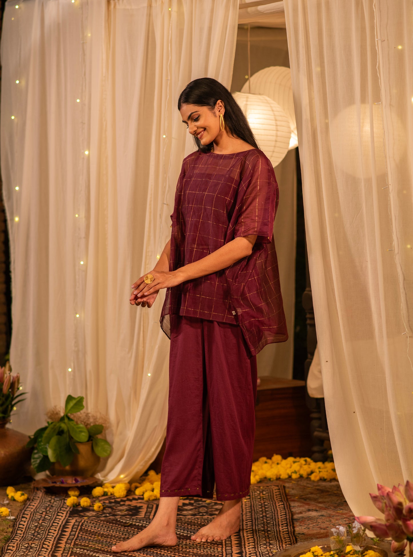 Palace Pant : Solid Burgundy Cotton Satin