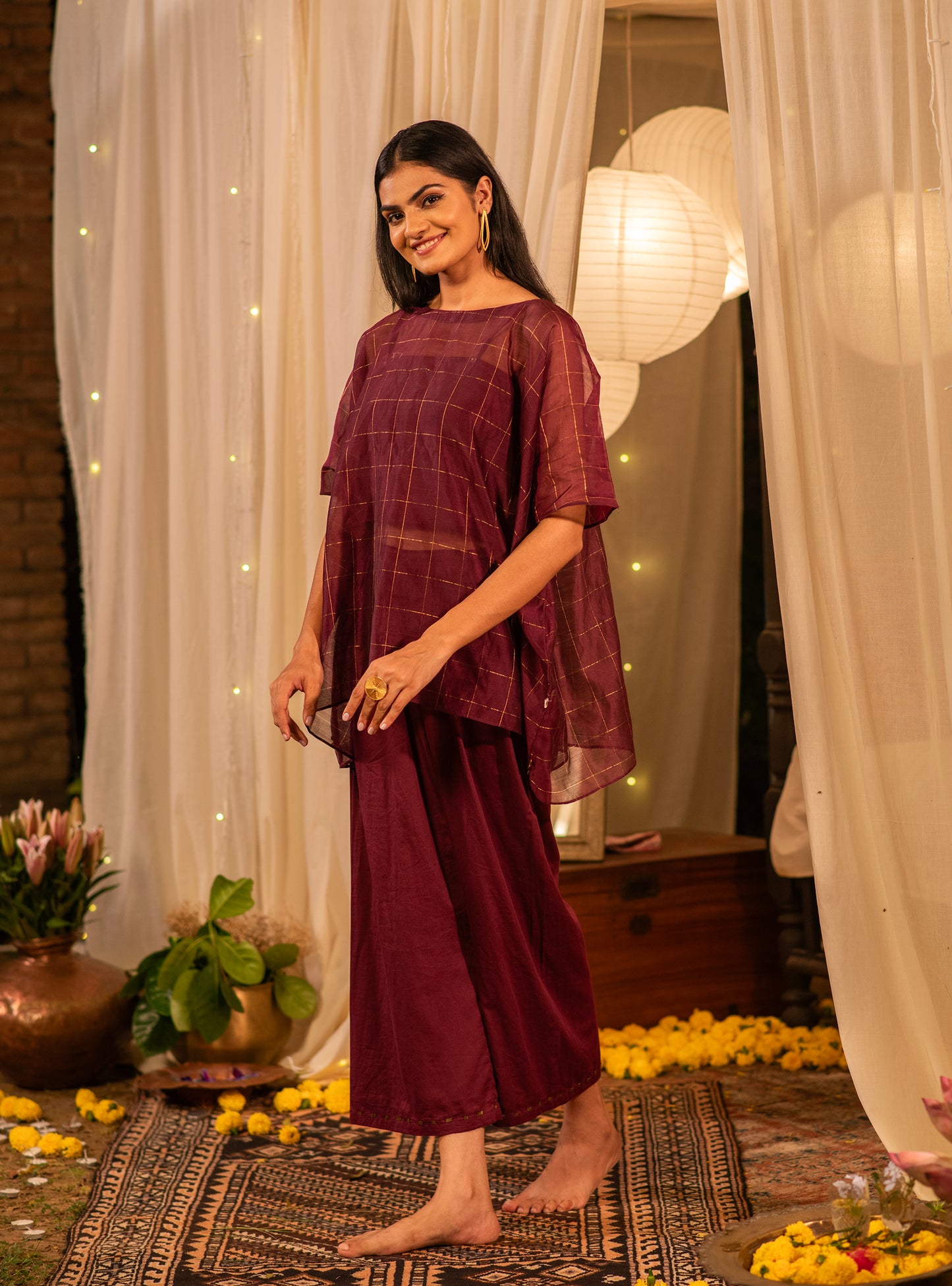 Palace Pant : Solid Burgundy Cotton Satin