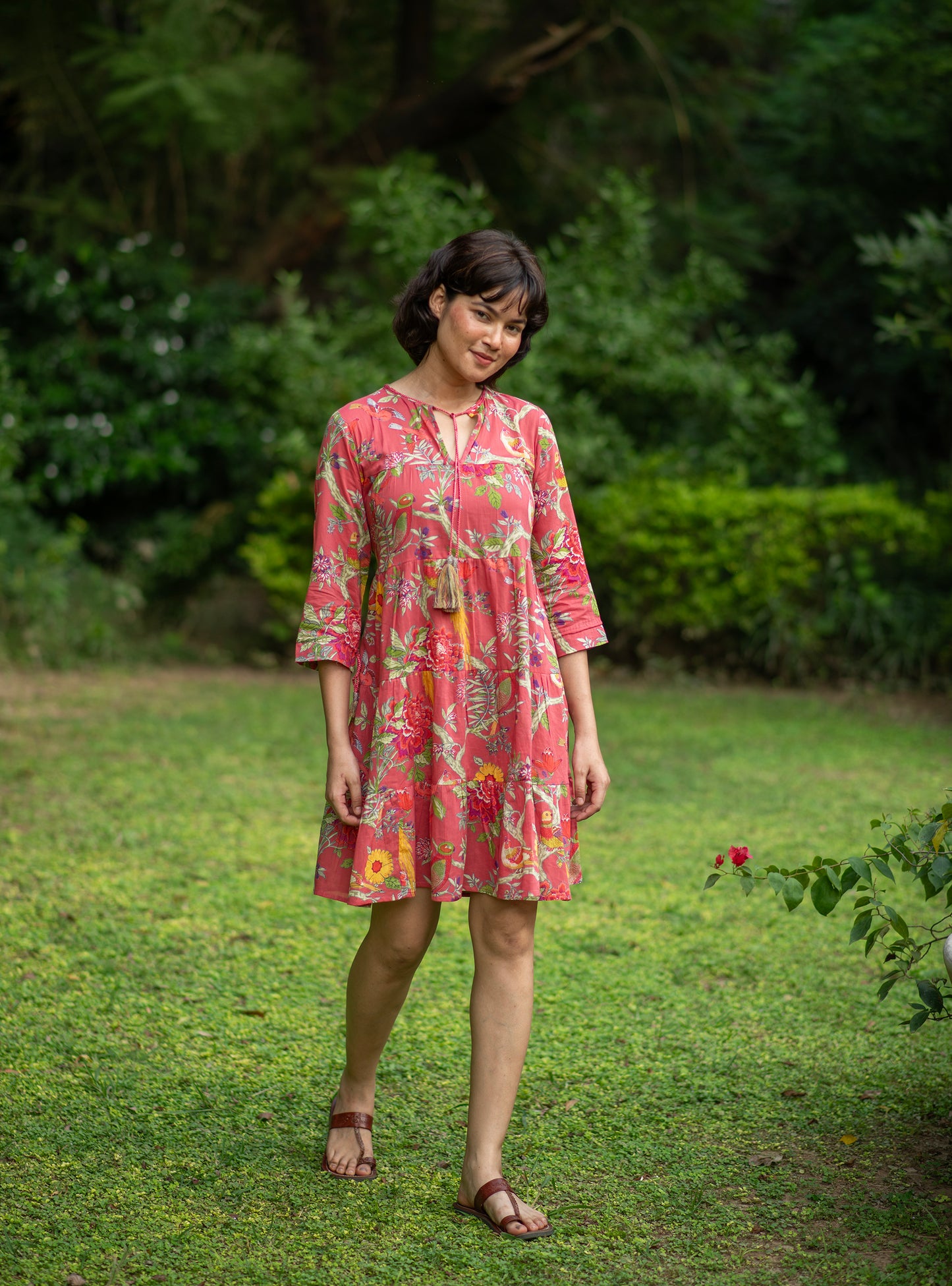 Patti Dress : Bird Coral Voile