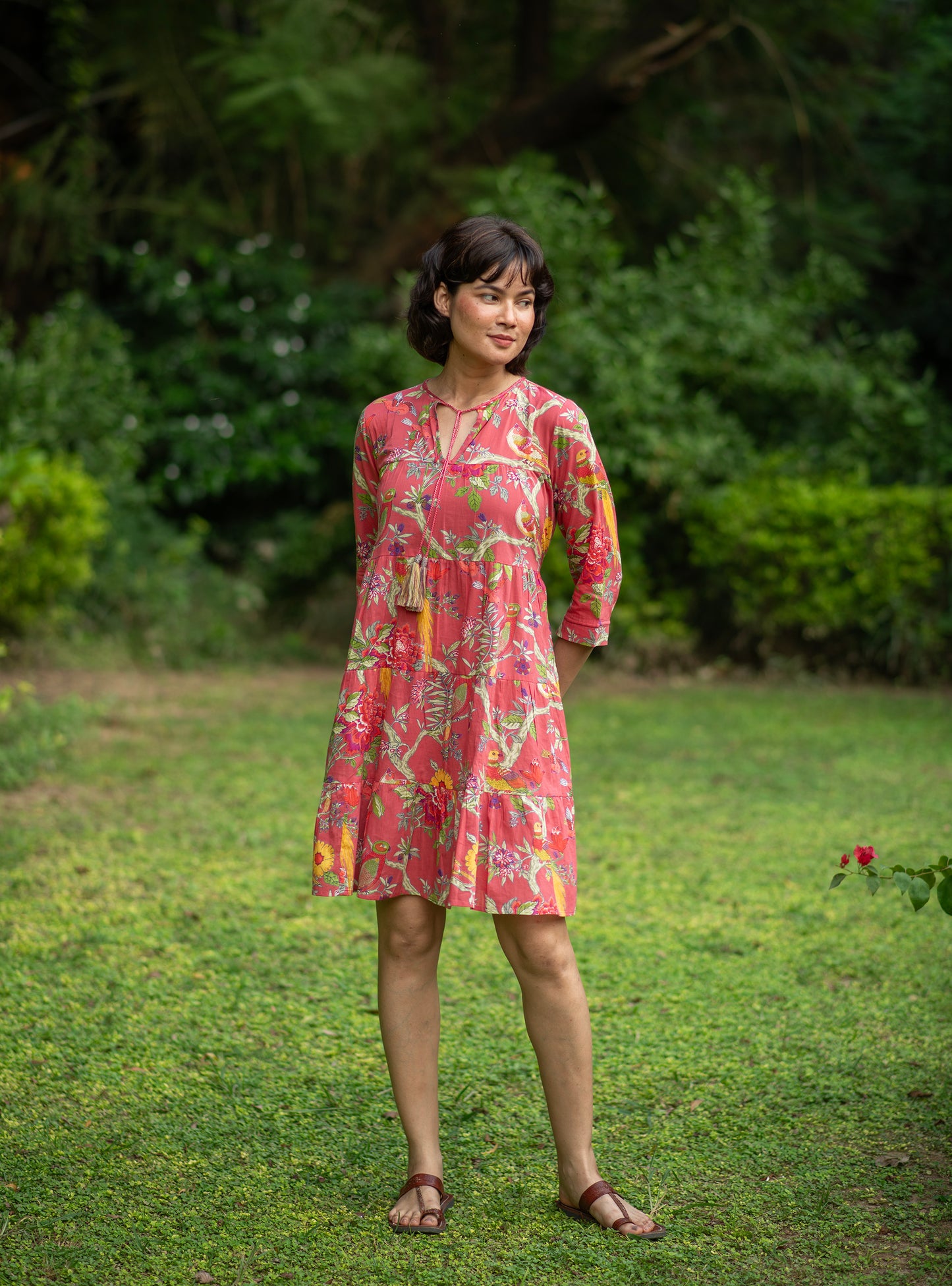 Patti Dress : Bird Coral Voile