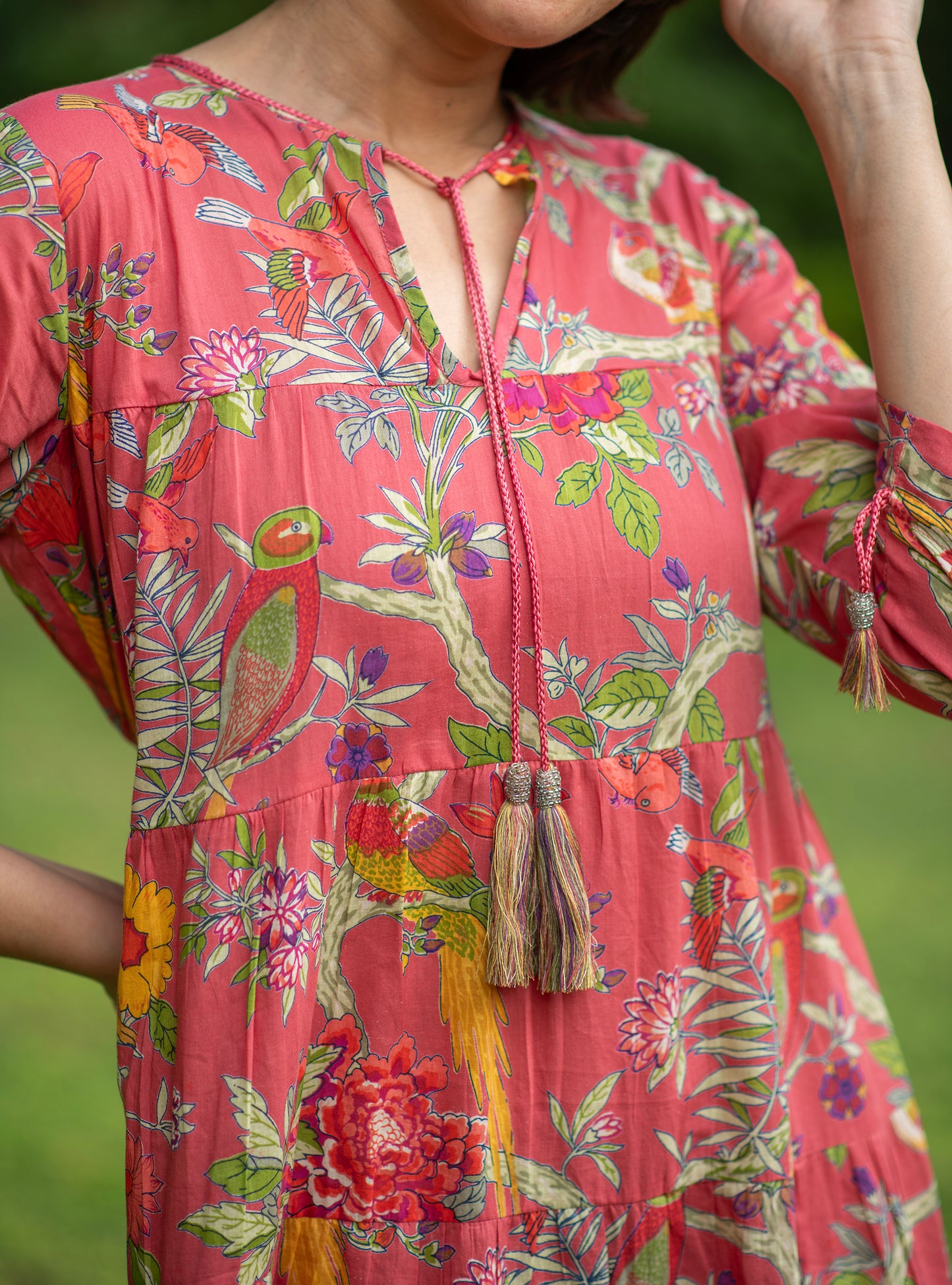 Patti Dress : Bird Coral Voile