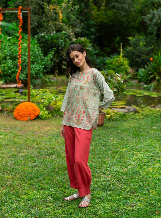 Pinch Cuff Pant : Solid Coral Slub