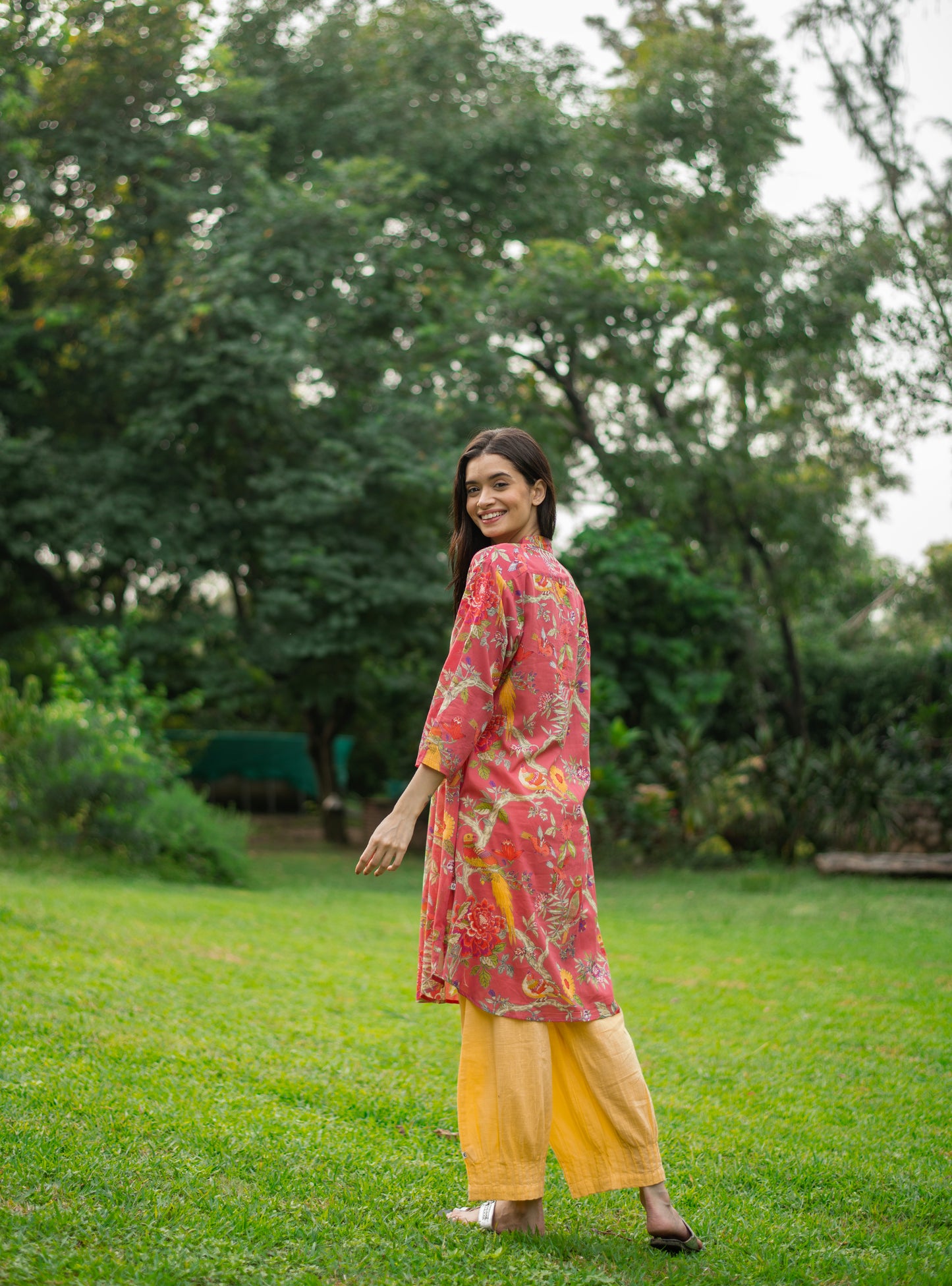 Trucker Kurta : Bird Coral Voile